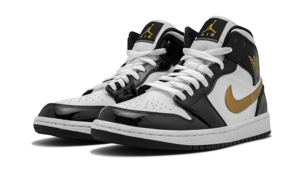 Jordan 1 Mid Patent Black White Gold - Image 1