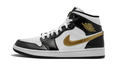 Jordan 1 Mid Patent Black White Gold