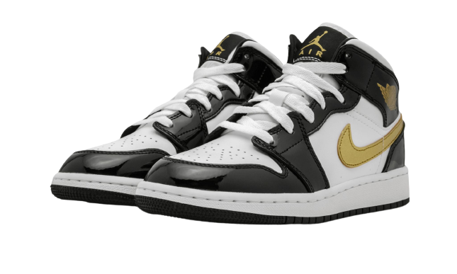 Jordan 1 Mid Patent Black White Gold (GS) - Image 1